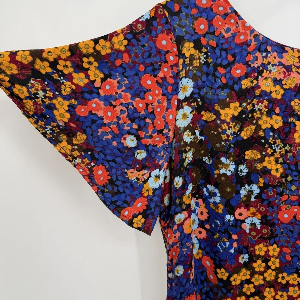 Anthropologie Ruffled Satin Mini Dress Size 14 Floral Tie Open Back Colorful - Picture 3 of 14